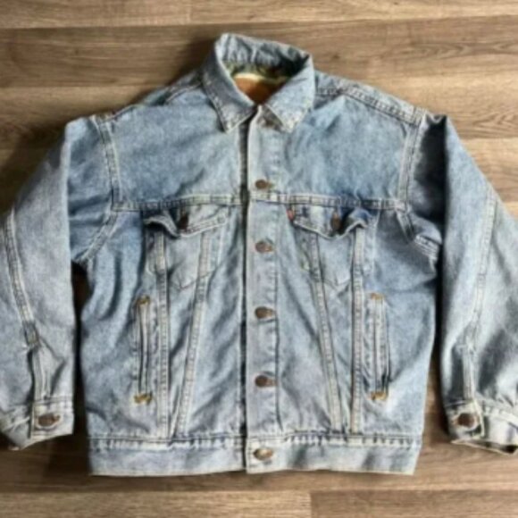 VTG Levi's Trucker Jacket Men's Small Aztec Southwest Lined Blue Denim Jean 1990 - Picture 1 of 10